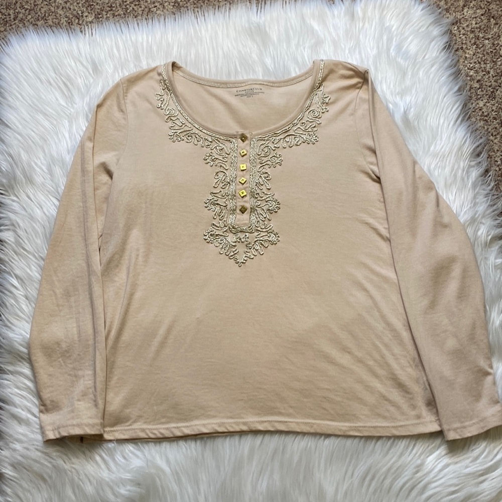 Charter Club Petite Large Tan Shirt with Gold Buttons